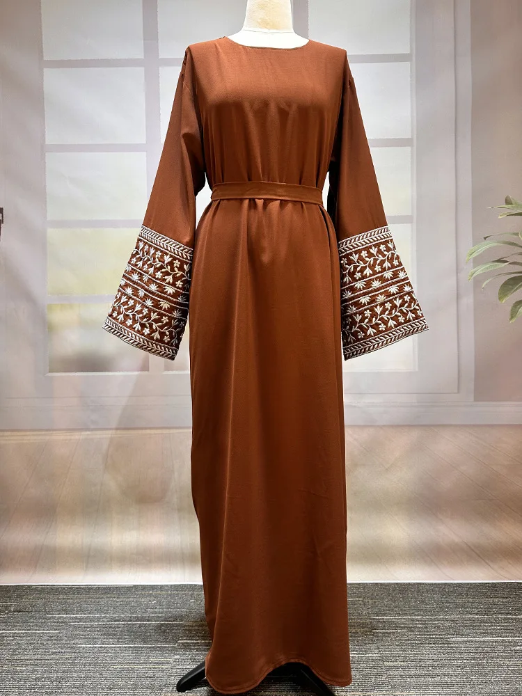 2025 Middle East Muslim New Fashion Women's Solid Color Elegant Casual Trendy Long Sleeve Sashes Ankle Length Dresses Female