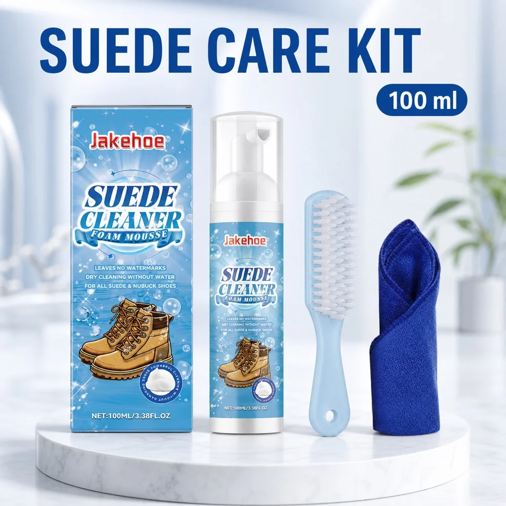Jakehoe Suede Cleaner Foam Kit with Brush and Cloth for Shoes Boots Nubuck Leather Canvas Routine Stain Dust and Water Mark Care