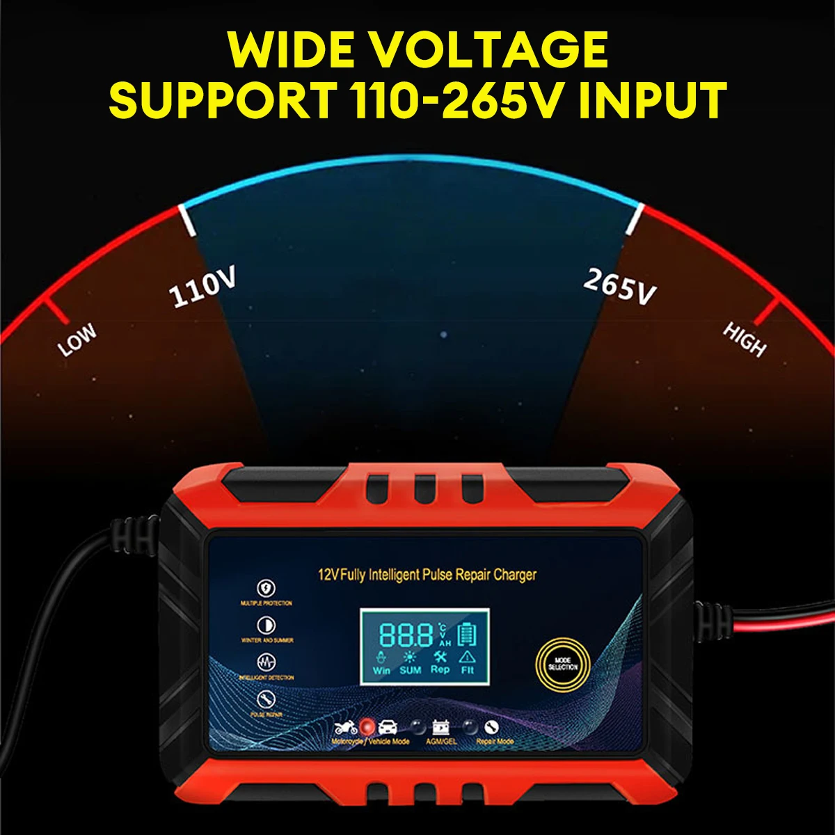 Car Battery Charger 12V 6A Intelligent Pulse Repair LCD Display Car Battery Motorcycle Battery Charging Battery Repair Charger