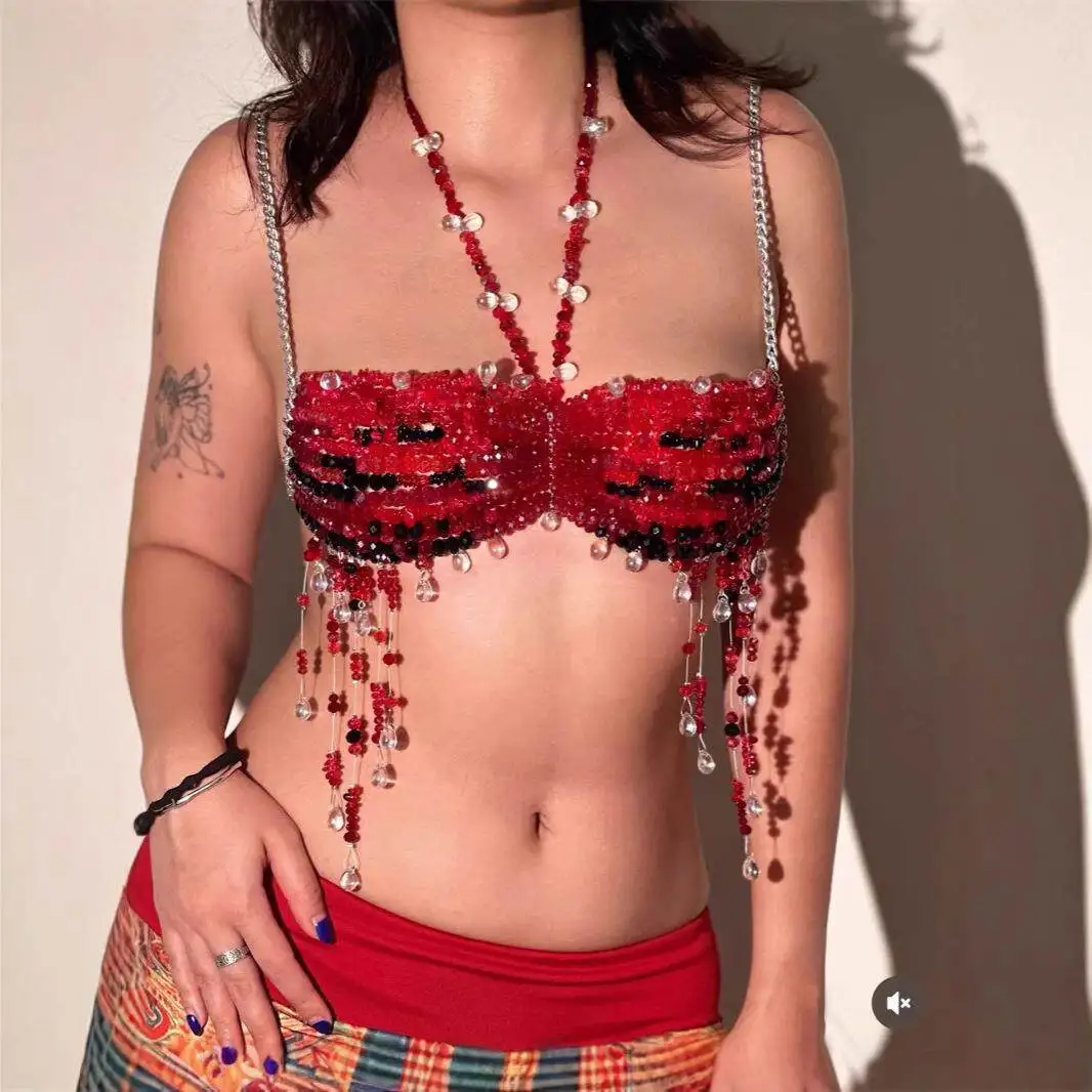 

Fashionable Beaded Bra Sexy Bead Vest Top Trendy Seven Sleeve Short Tank Top for Trendy Girls Autumn Season