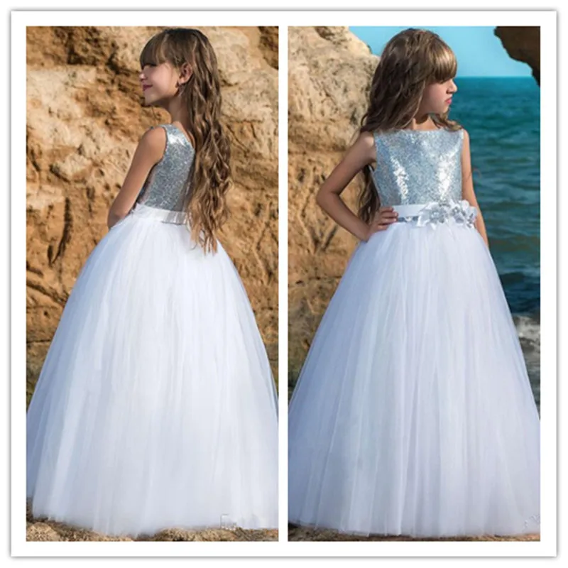 Customized Cheap  Flower Girl Dresses Blue Sequins Thin Net Sleeveless Performance Host Girl Pettiskirt Princess Party Dress