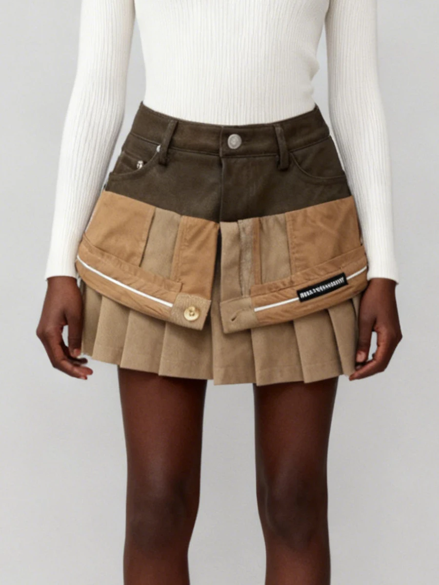 VGH アメリカンスタイルヴィンテージヒットカラースカート女性のためのハイウエストスプライス折りデザインセンスミニ通勤スカート女性のファッション