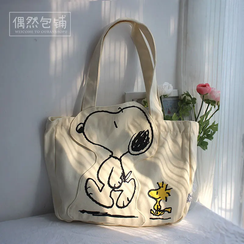 Snoopy Canvas Shoulder Bag Cartoon Cute Zipper Large Capacity Outing Storage Tuition Bag