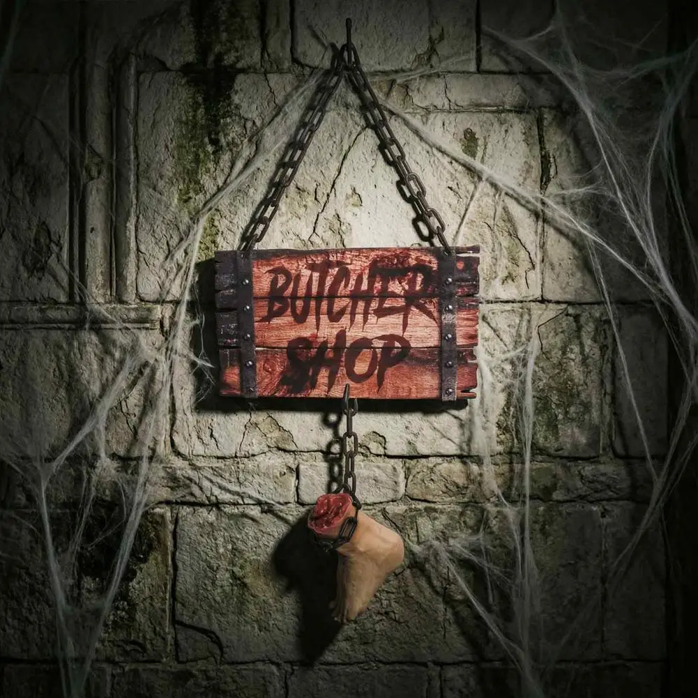 Halloween Hanging Butcher Sign Haunted House Decor Halloween Butcher Sign Decoration Broken Leg Hanging Pendant for Indoor
