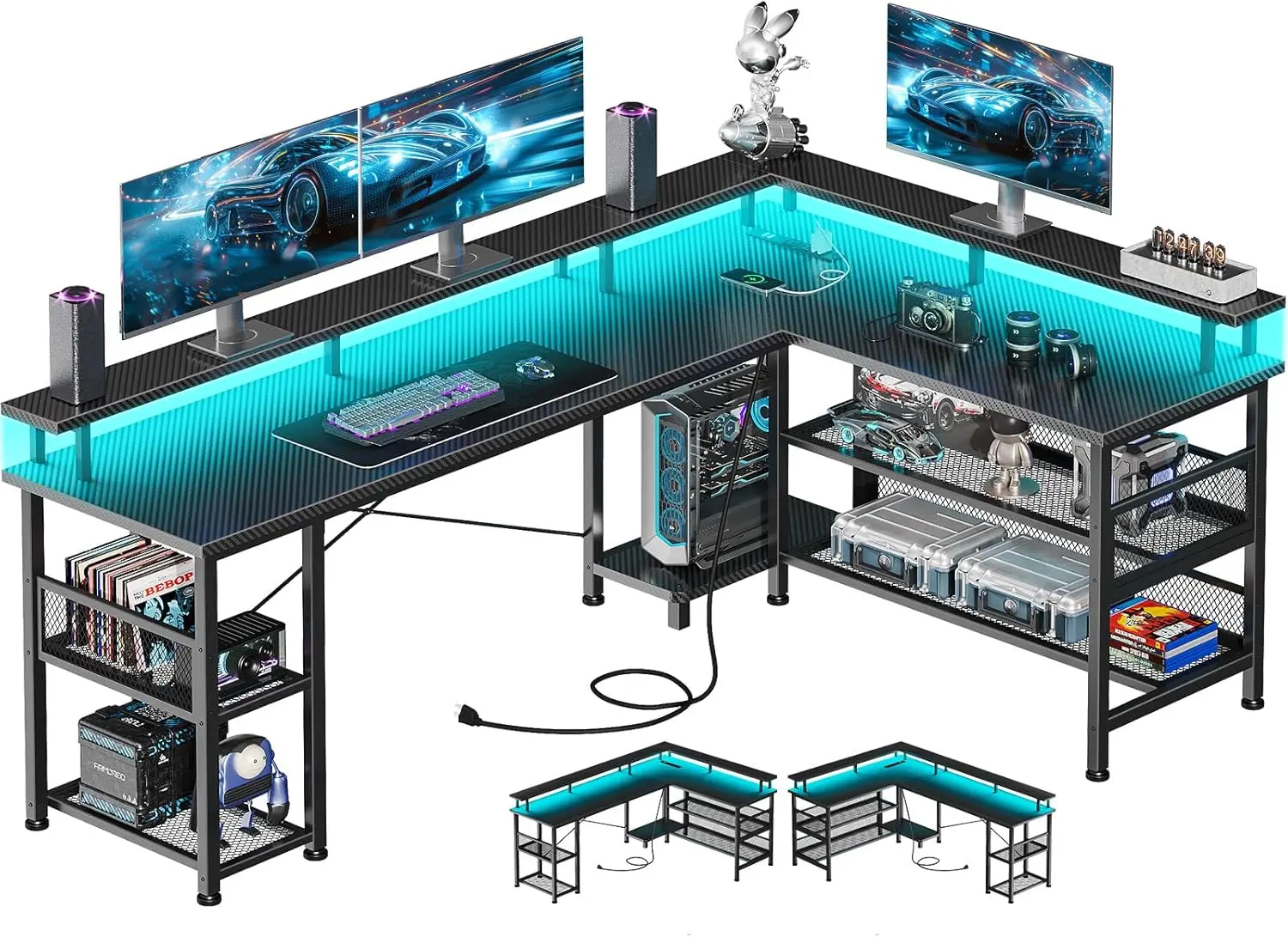 مكتب ألعاب على شكل حرف L مع مخرج طاقة وأضواء LED وطاولة ألعاب للكمبيوتر الشخصي مع مكتب على شكل حرف L قابل للعكس من ألياف الكربون