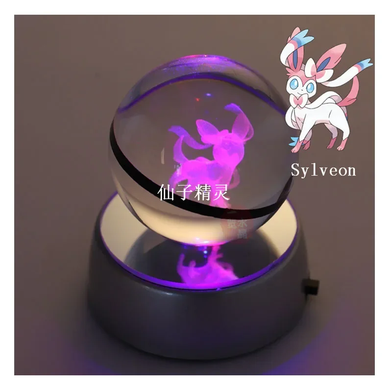 Anime Pokemon Sylveon 3D Crystal Ball Pokeball Anime Figures Engraving Crystal Model with LED Light Base Kids Toy ANIME GIFT