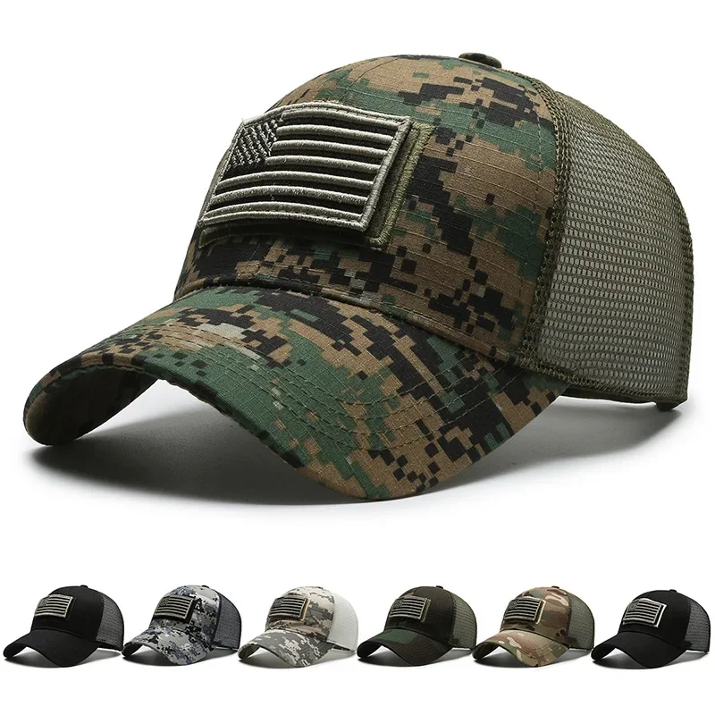 Men Baseball Cap American Flag Camouflage Sticker Patchwork Embroidered Baseball Cap Net Hat Breathable Outdoor Sun Hat Gorras