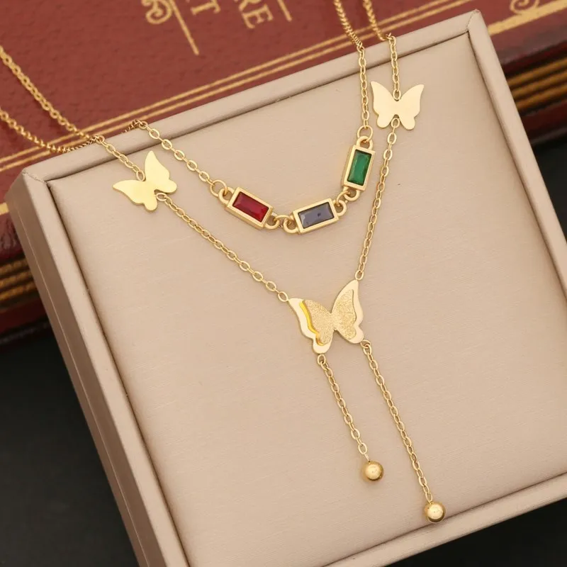 ANENJERY 316L Stainless Steel Double Layer Colorful Zircon Butterfly Tassel Necklace for Women Temperament Necklace Jewelry