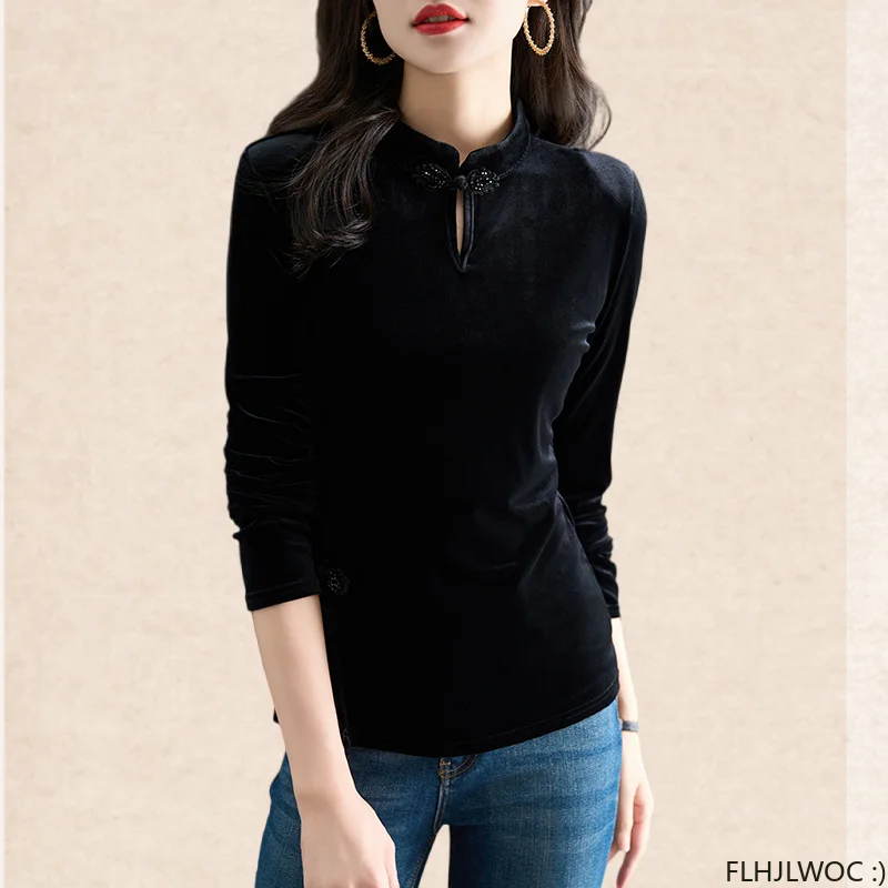 Chinese Style Chi-pao Collar Design Black Velvet Tops New Year 2024 Spring Women Date Girls Button Slit Shirt Blouse Vintage