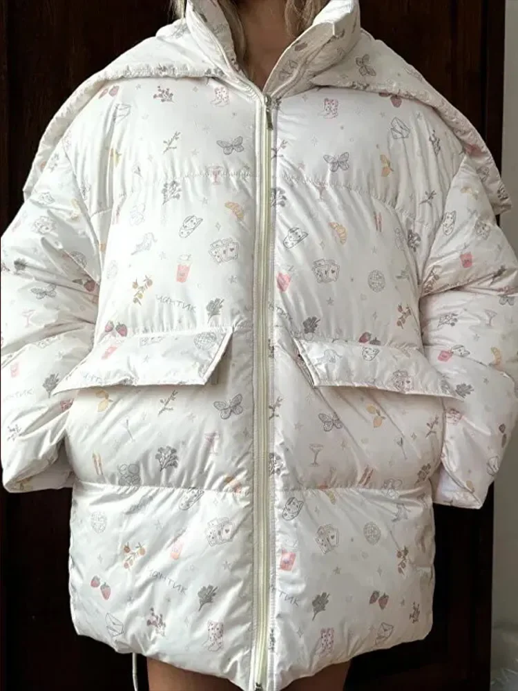 Loose Print Hooded Zipper Women Cotton Jacket Plus Size Puff Sleeve Pockets Lady 2026 Winter Casual Panelled Fashion Female Coat