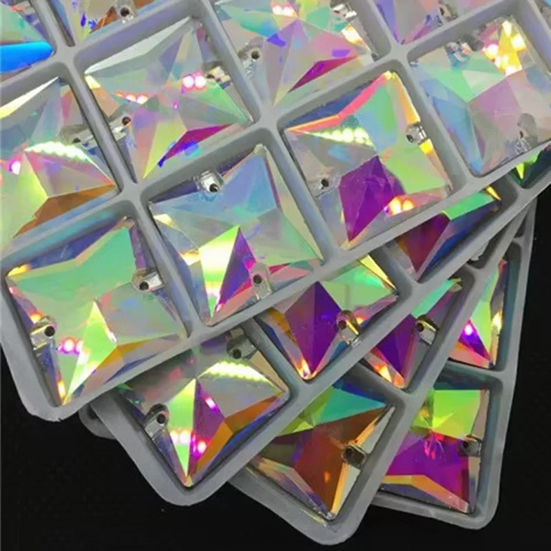 Wholesale Square Sew On Stone Crystal Clear AB Color 10,12,14,16,22mm Sewing Glass Crystal Beads Flatback 2 Holes Dress Making