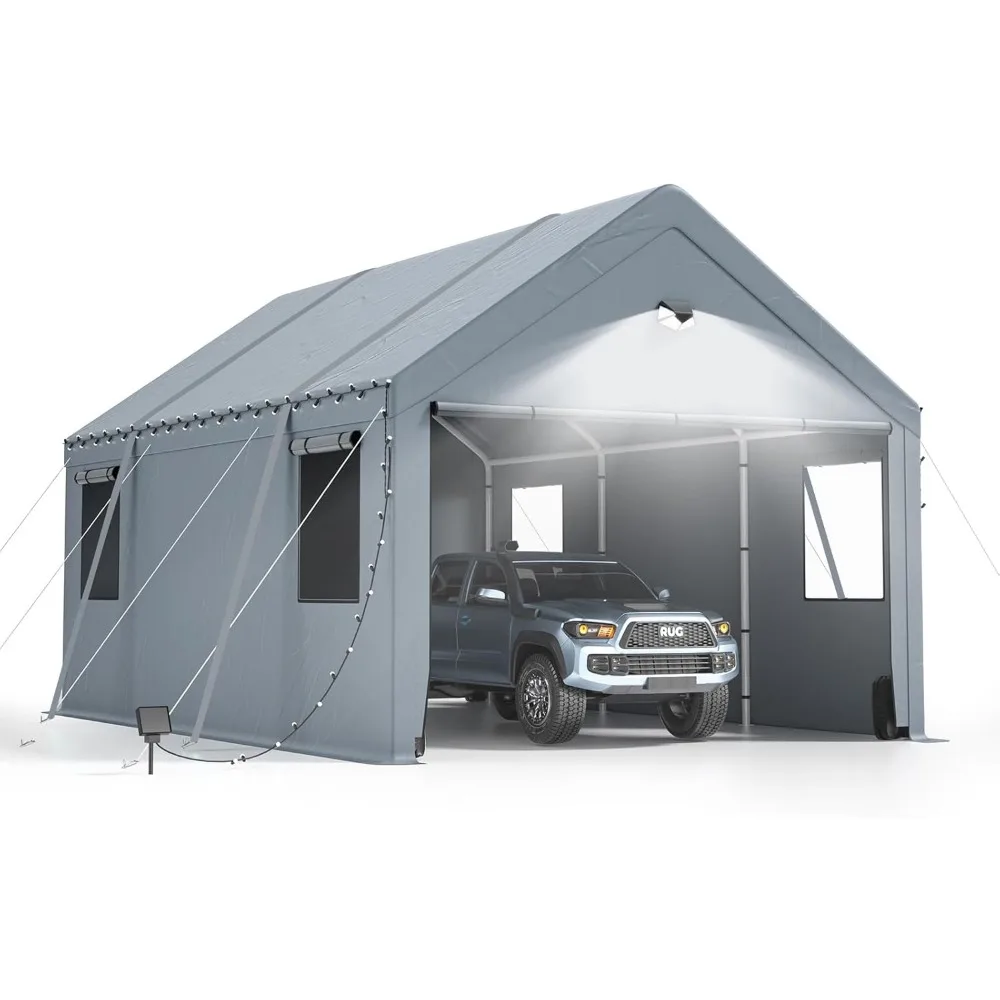 10x16 Carport with Galvanized Steel Frame, Removable Sidewalls & Doors, Bindings, Sandbags & Lights, Heavy Duty Portable Garage