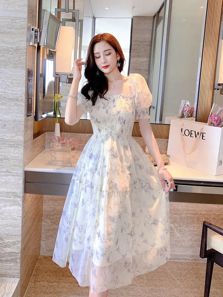 Korean Elegant Fashion Chiffon Dress Summer French Vintage Floral Dress  Square Collar Puff Short Sleeve Ink Painting Dress 20827 - AliExpress  200000345