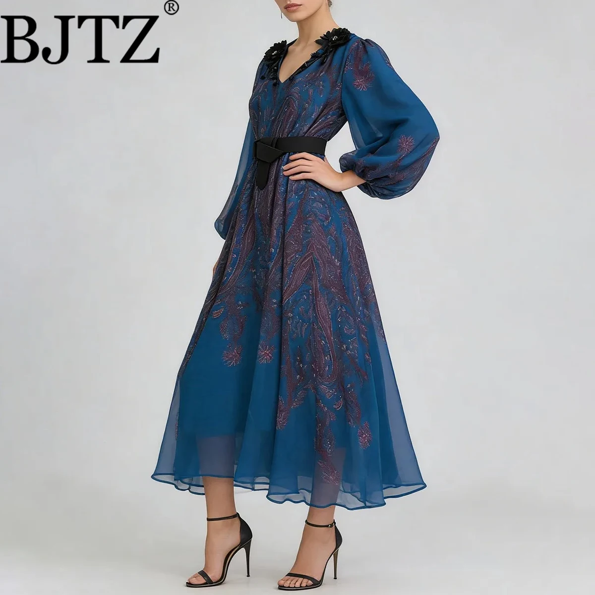 

BJTZ V-neck 3D Floral Appliqué Puff Sleeve Waisted Slimming Dress Spring Autumn Wedding Guest Vintage Elegant Women’s