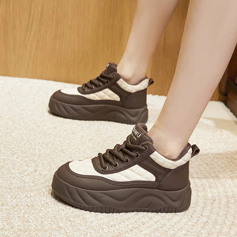 CXJYWMJL Genuine Leather Platform Sneakers Women Warm Vulcanized Shoes Ladies Thick Bottom Autumn Winter Plush Casual Shoes