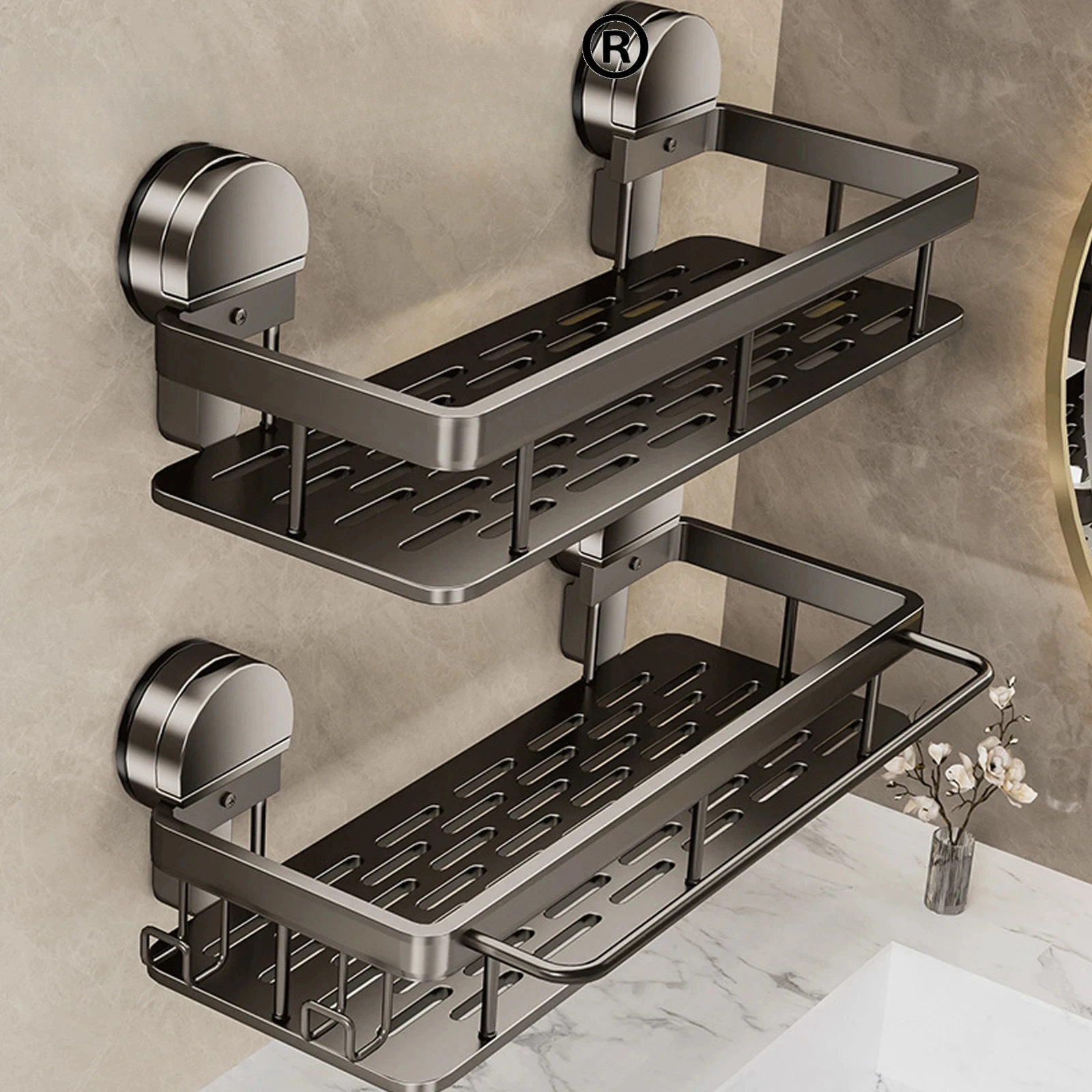 

Suction Cup Bathroom Shelf Rust-Proof Aluminum Shower Caddy for Shampoo Toiletries Wall Mounted Corner Storage Organizer