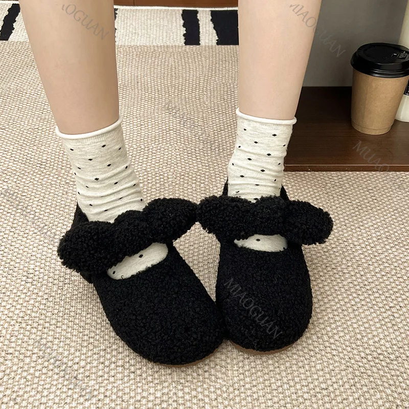 Elegant Round Toe Lambs Wool Mary Jane Shoes Woman Fashion Solid Fur Ballet Flats Ladies Winter Warm Plush Bow Casual Loafers