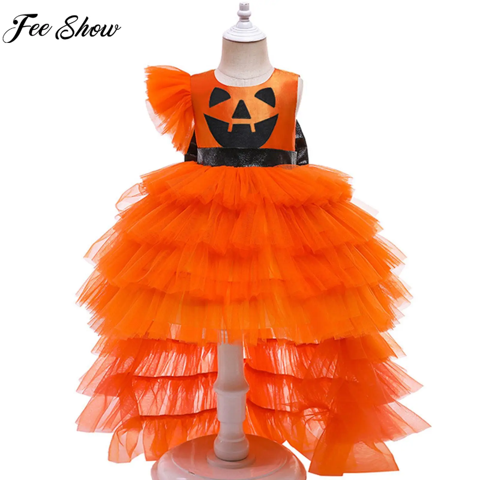 

Child Girls Halloween Pumpkin Cosplay Dress Sleeveless Hi-lo Hem Mesh Tutu Layered Dresses Theme Party Carnival Roleplay Costume