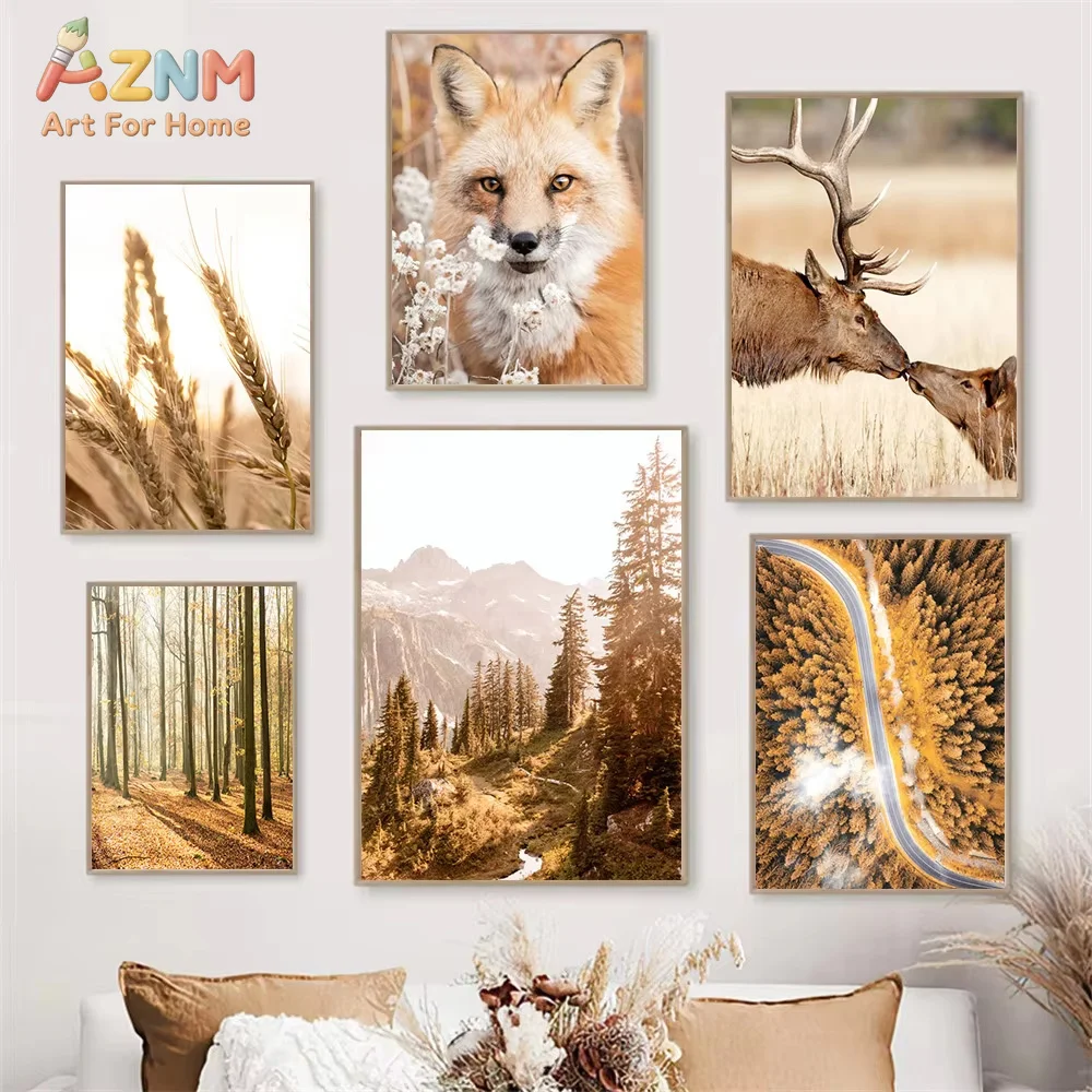 1PC Autumn Wheat Forest Landscape Posters Canvas Painting Squirrel Fox Deer Wall Art Print Nordic Poster Living Room Decor