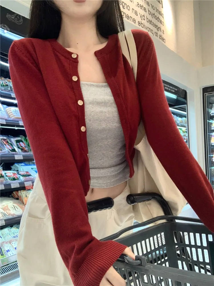 

Retro Knitted Open Cardigan Women's Spring Autumn ort Sve Long irt Slim Fit Red Sweater Sweet Sle Low round Ne Button