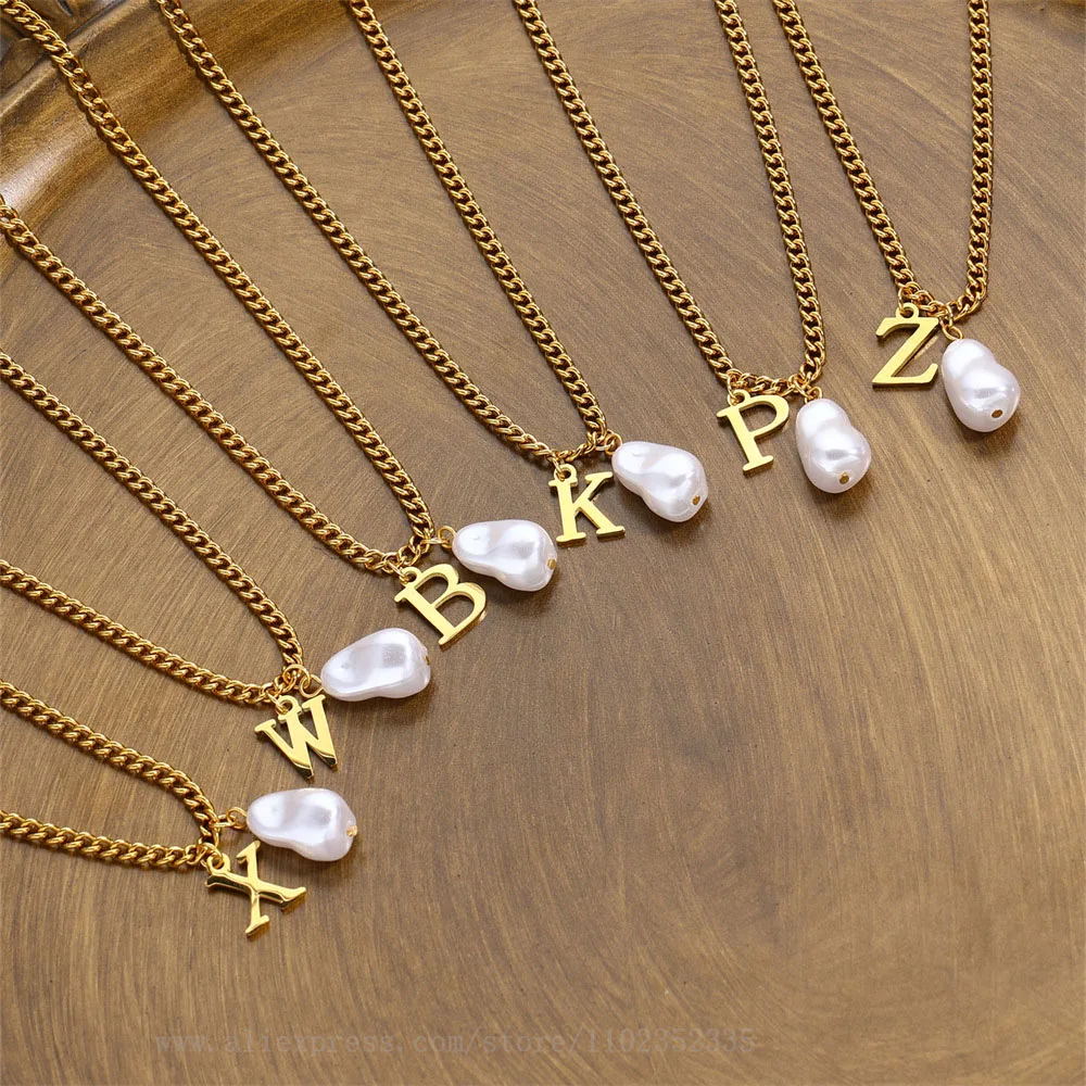 5pcs/ Bag New White Pearl Stainless Steel Plated 18k Gold Necklace Women's 26 English Letter Initial Alphabet Pendant Necklace