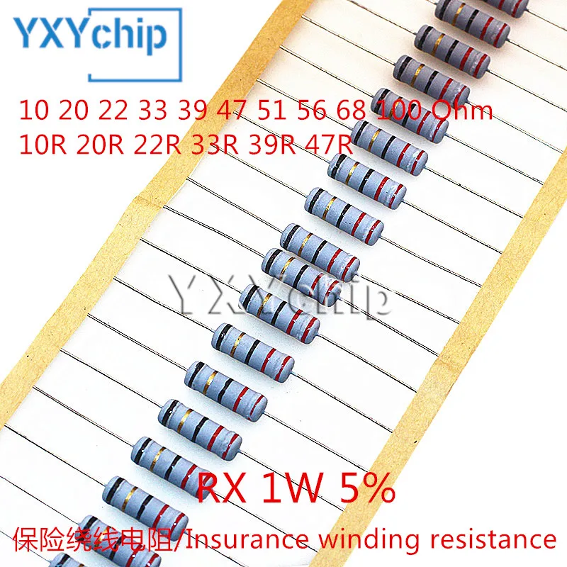 50pcs  1W Wire-wound Fuse Resistance Accuracy 5% 10 20 22 33 39 47 51 56 68 100 Ohm Wire Wound Resistor 10R 20R 22R 33R 39R 47R