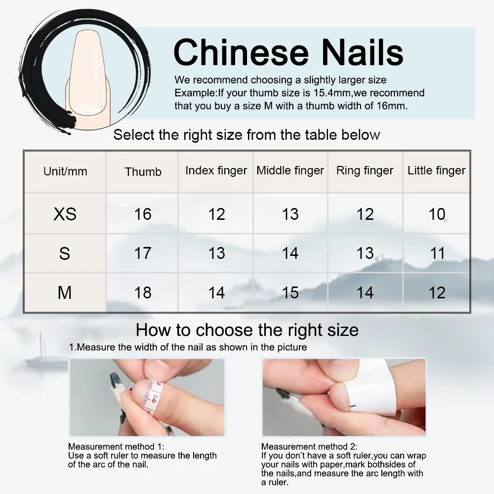 10PCS Long Press on Nails Set Bamboo Poetry Chinese Acrylic Fake Nails with Glue Reusable Stick on Nails Art