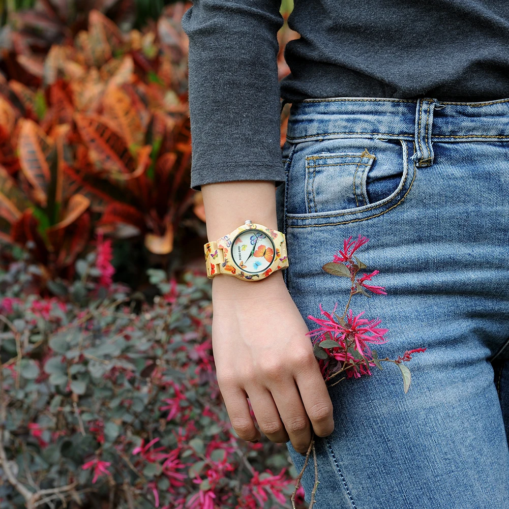 BOBO BIRD-Montre-bracelet à quartz en bois pour femme, accessoire de luxe, fait à la main, imprimé floral, décontracté