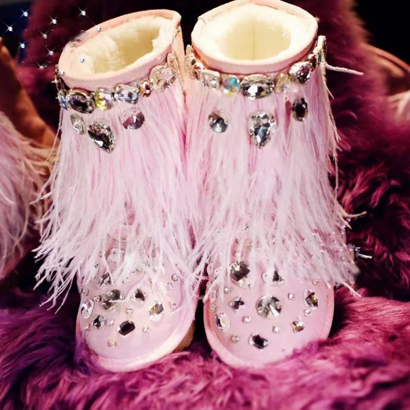 Hand custom rhine-diamond accessories Thick snow boots pink fur one comfortable women's cotton shoes 35-40