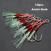 10pcs/Lot Slow Jigging Fishing Cast Jigs Assist Hook Barbed Single Jig Hooks Thread Feather Pesca High Carbon Steel Fishing Lure