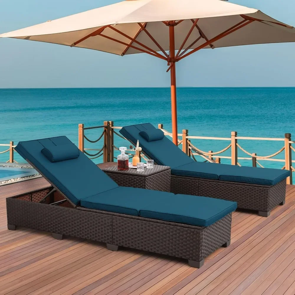 

Outside Poolside Lounger Furniture Set of 3, Brown Rattan with Adjustable Backrest, Peacock Blue Cushions, and Storage Table