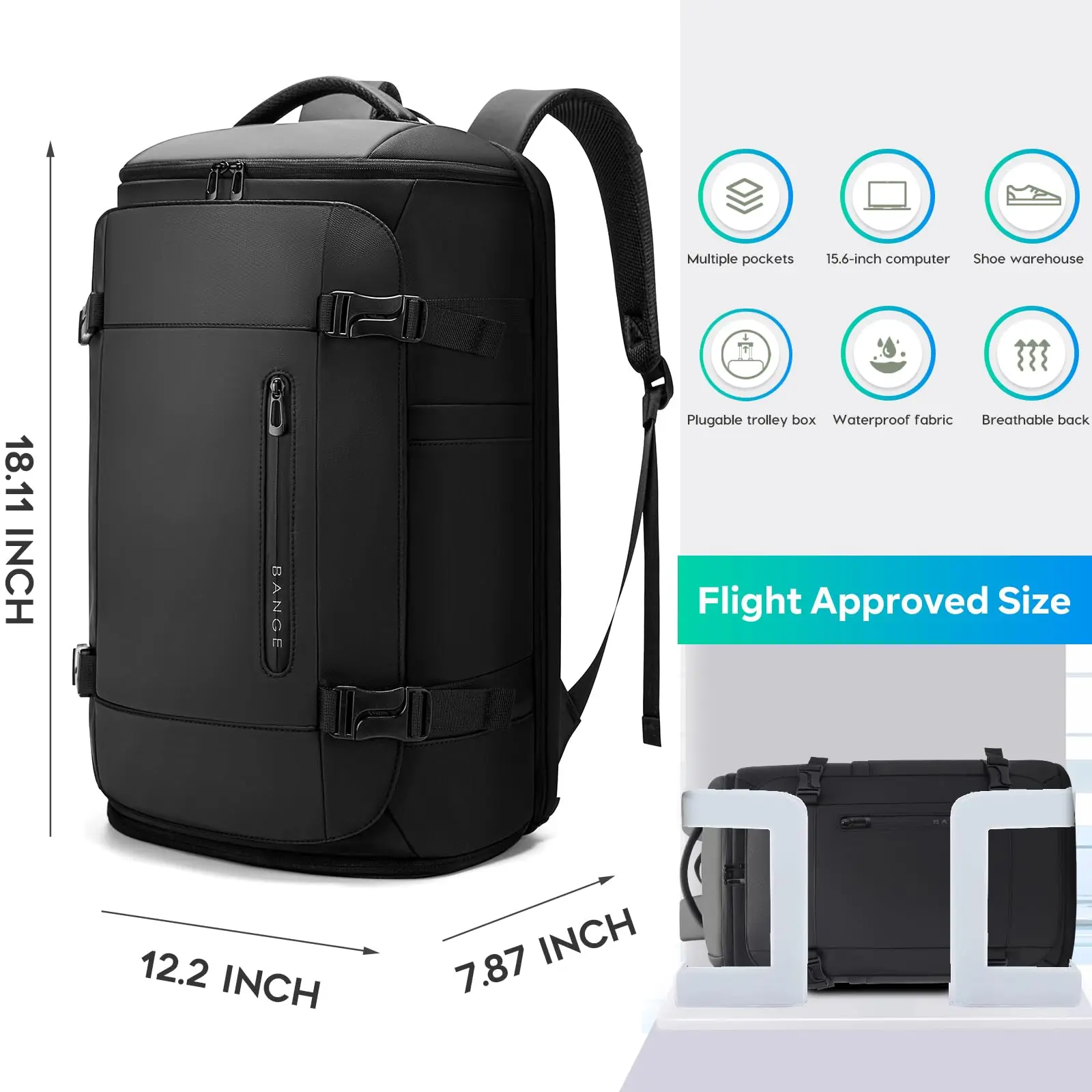 BANGE Large Travel Backpack Men Separate Shoe Compartment Business Bag for Outdoor Sports Waterproof Man Black Storage Backpacks