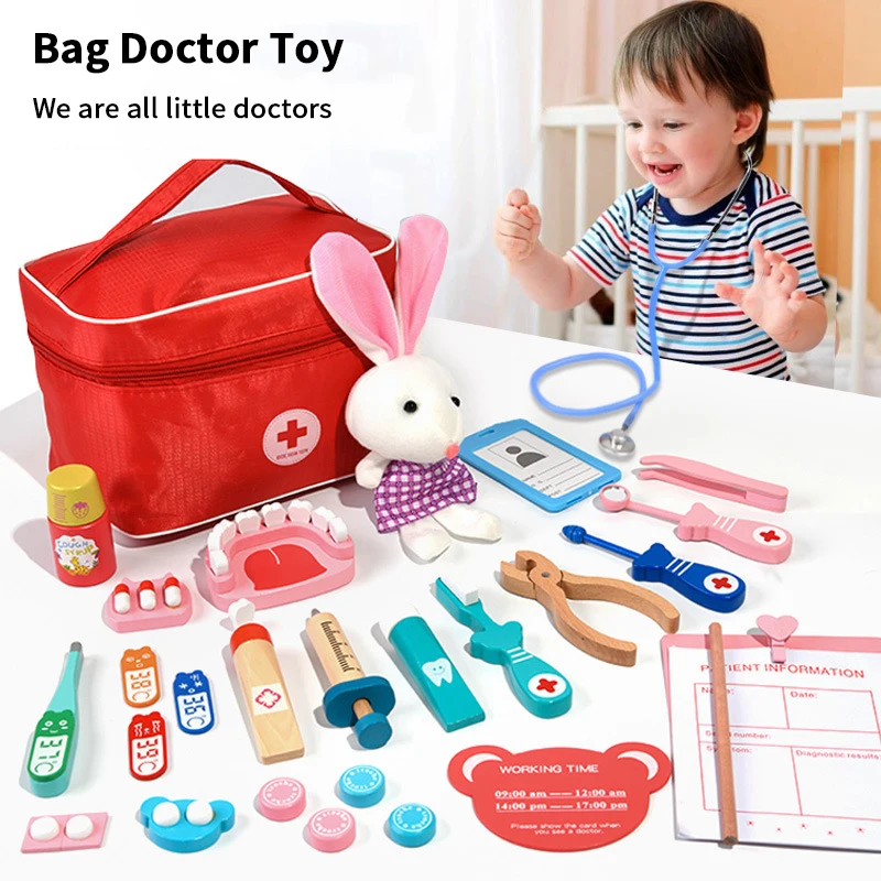 1Set Wooden Pretend Play Doctor Kit Children Simulation Dentist Check Teeth Role Playing Toy