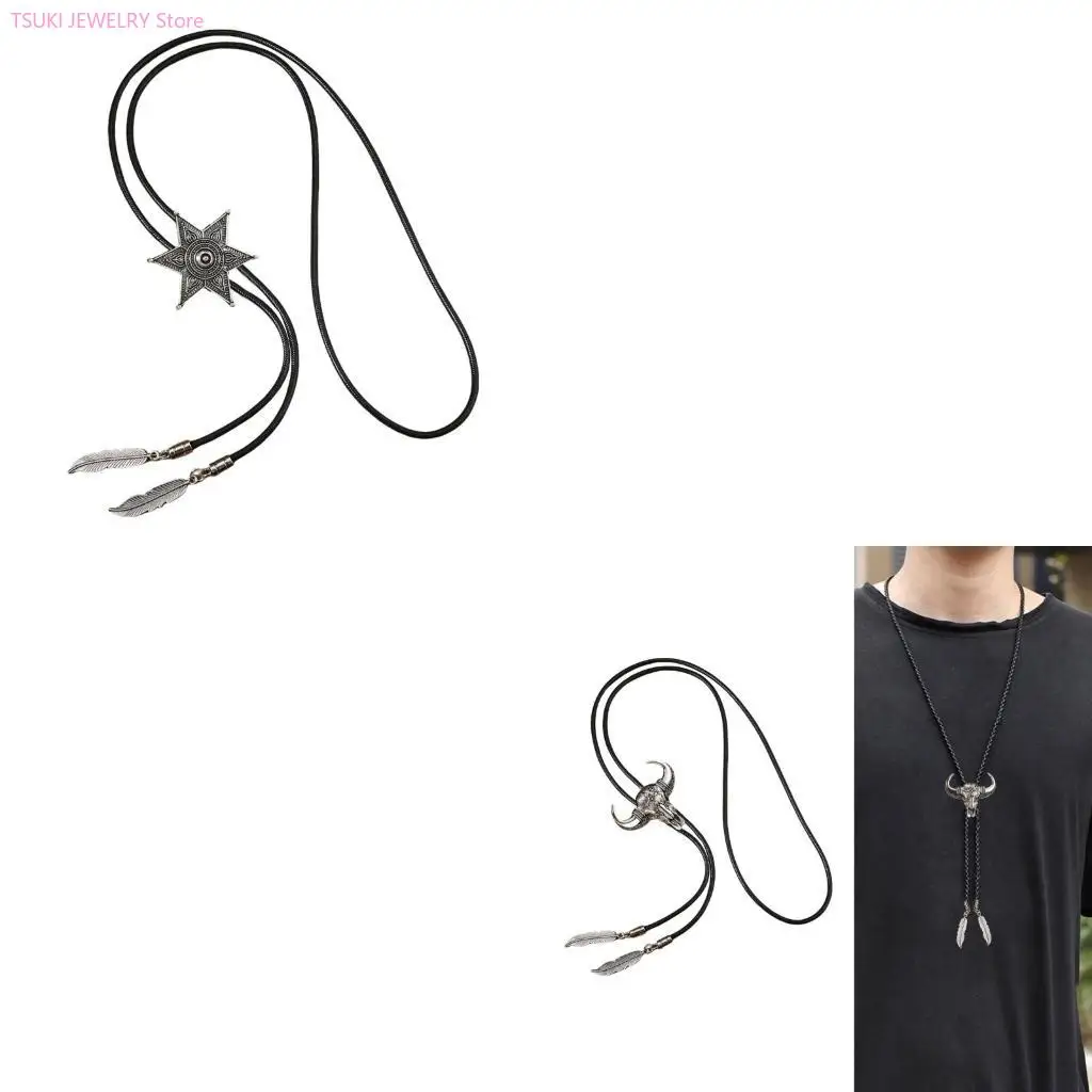 

62KE Mens Women Vintage Turquoises Pendant Bolo Tie Leather Rope Necktie Necklace Shirt Collar Chain Cowboy Neckwear