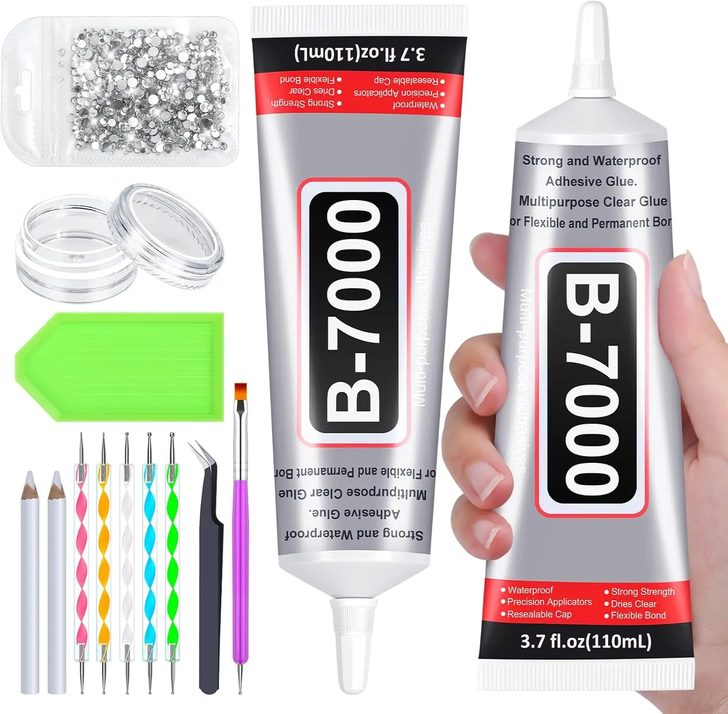 B7000 Glue Clear with Precision Tip, 2-Pack 110mL for Jewelry, Rhinestones, DIY Crafts, Nail Art
