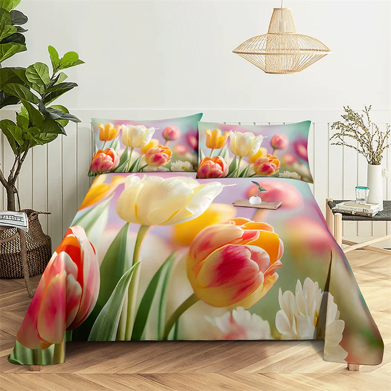 

Luxury Tulips Queen Size Sheet Set Kid's Room Flower Bedding Set Bed Sheets and Pillowcases Bedding Flat Sheet Bed Sheet Set