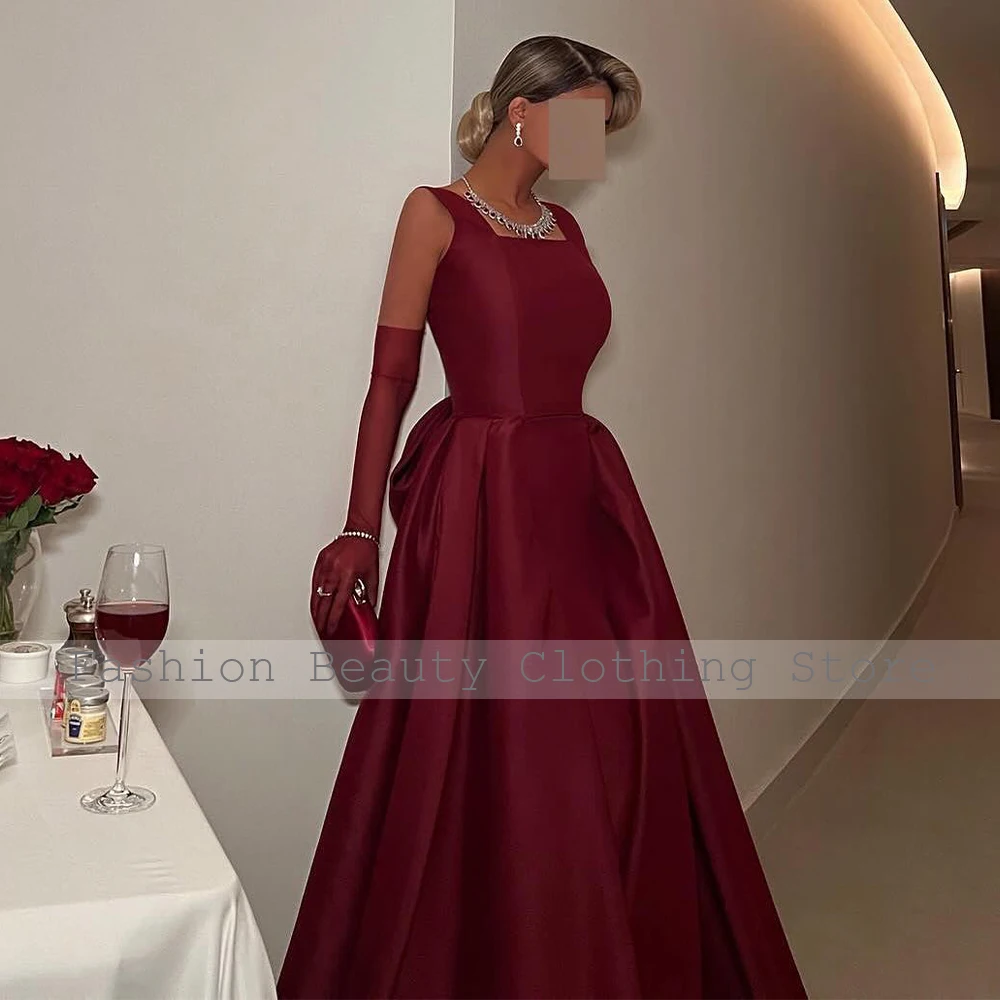 Burgundy Satin Evening Dresses for Women 2024 Square Collar Tank Elegant Evening Gowns Long A Line Big Bow Luxury Prom Dress