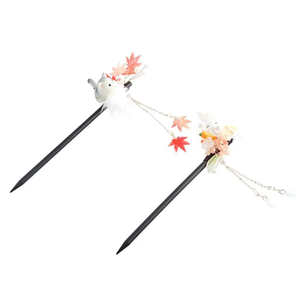 

Retro Rabbit Wooden Hair Stick Flower Hair Ball Hanfu Hairpin Chinese Style Hair Fork Cheongsam Accessories