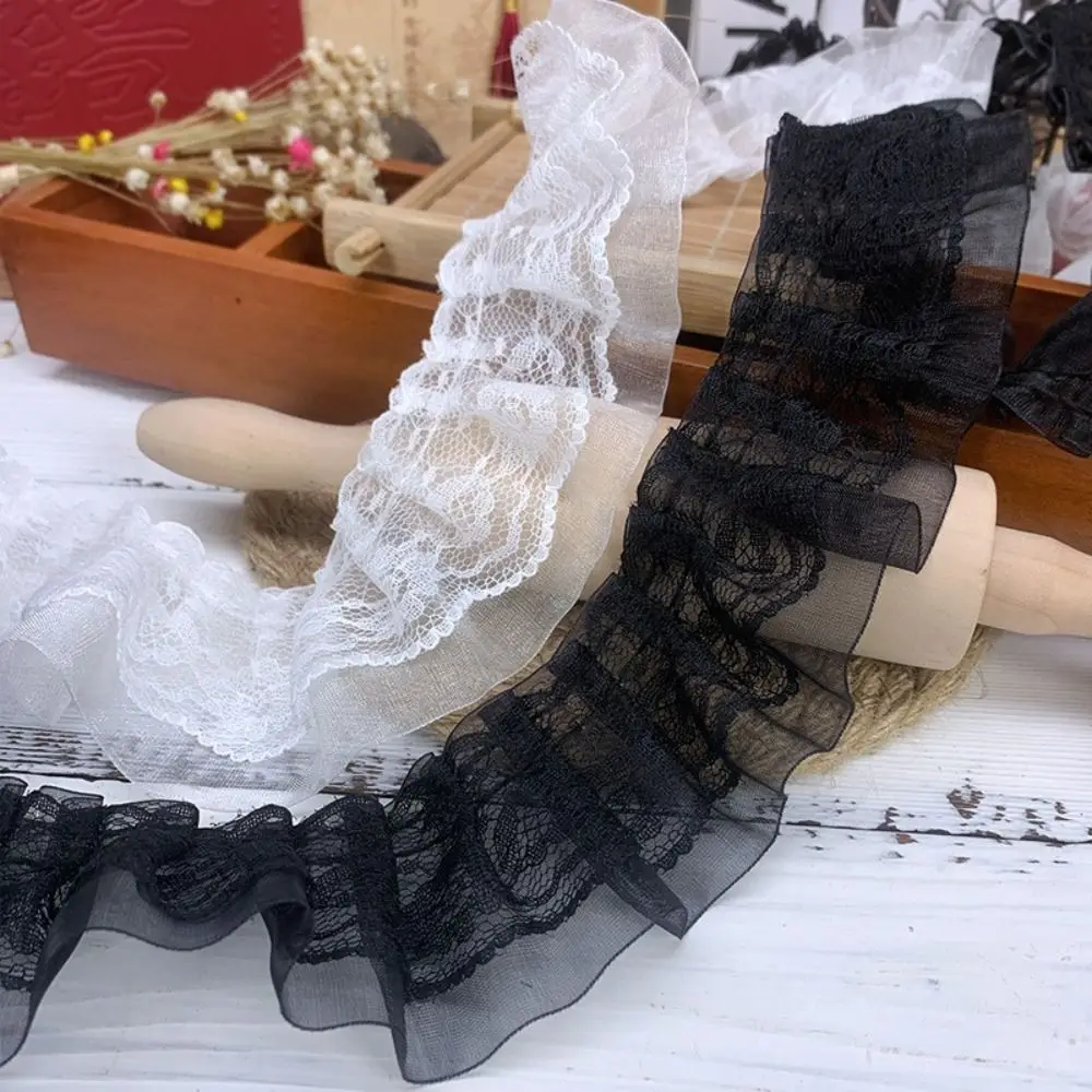 

Кружевная тесьма шириной 5 см, плиссированная, двухслойная, белая/черная, из шифона, с оборками, для отделки воротников, манжет и края одежды