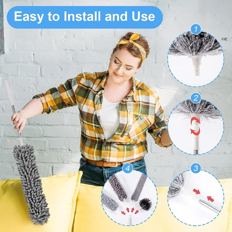 Kit 5 in 1 Spolverini Spolverino con asta di prolunga, Spolverino estensibile con ventilatori da soffitto per la pulizia di 100 pollici B