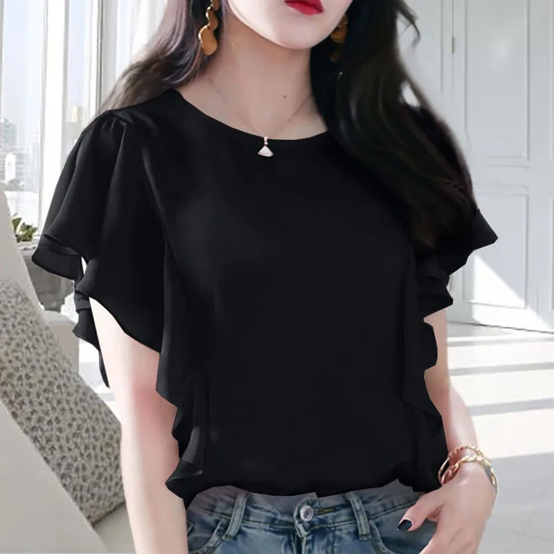 Women\'s Fashion Clothes Butterfly Sleeve Ruffles Patchwork Casual O-Neck Chiffon Blouses 2023 Summer Oversize Solid Basics Shirt