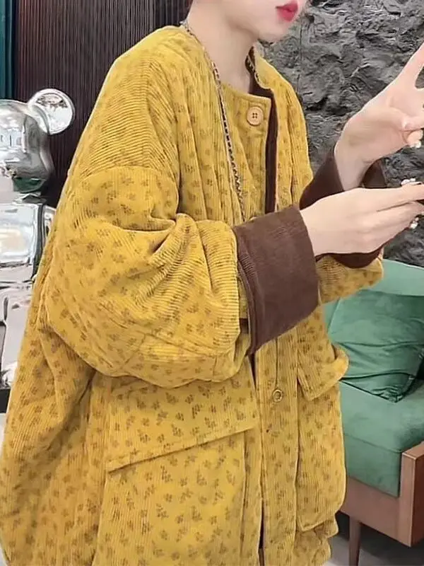 

Korean Sle Winter Cotton Jaet Loose round Ne Mid-Length Oversize Corduroy Vesent Thiened Long Sve Women's Coat