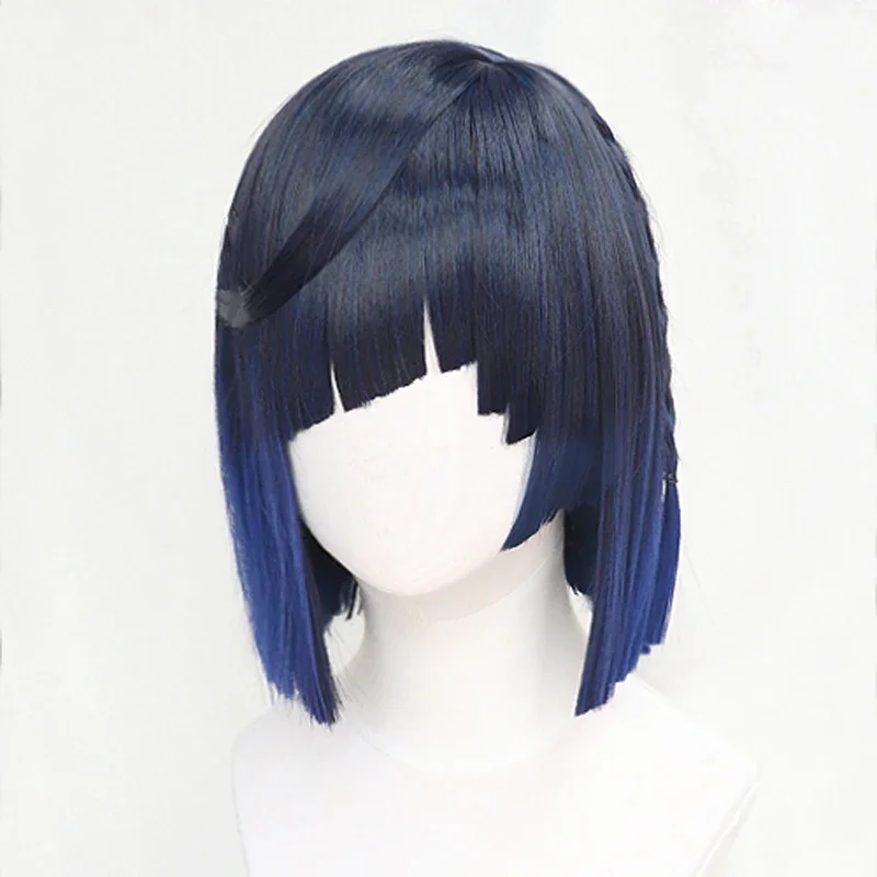 Yanan cosplay wig impact short mixed blue heat resistant synthetic hair Yelan wigs wig cap