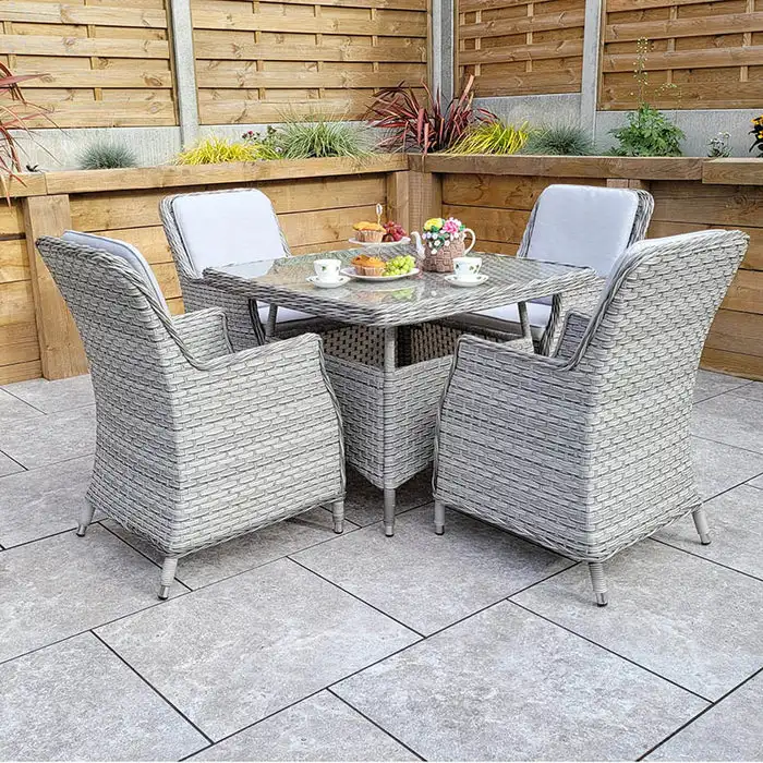 Restaurant Aluminium Frame 4 Seat Square Dining Set Outdoor PE Wicker Furniture Garden Tables & Rattan Chairs Patio Set