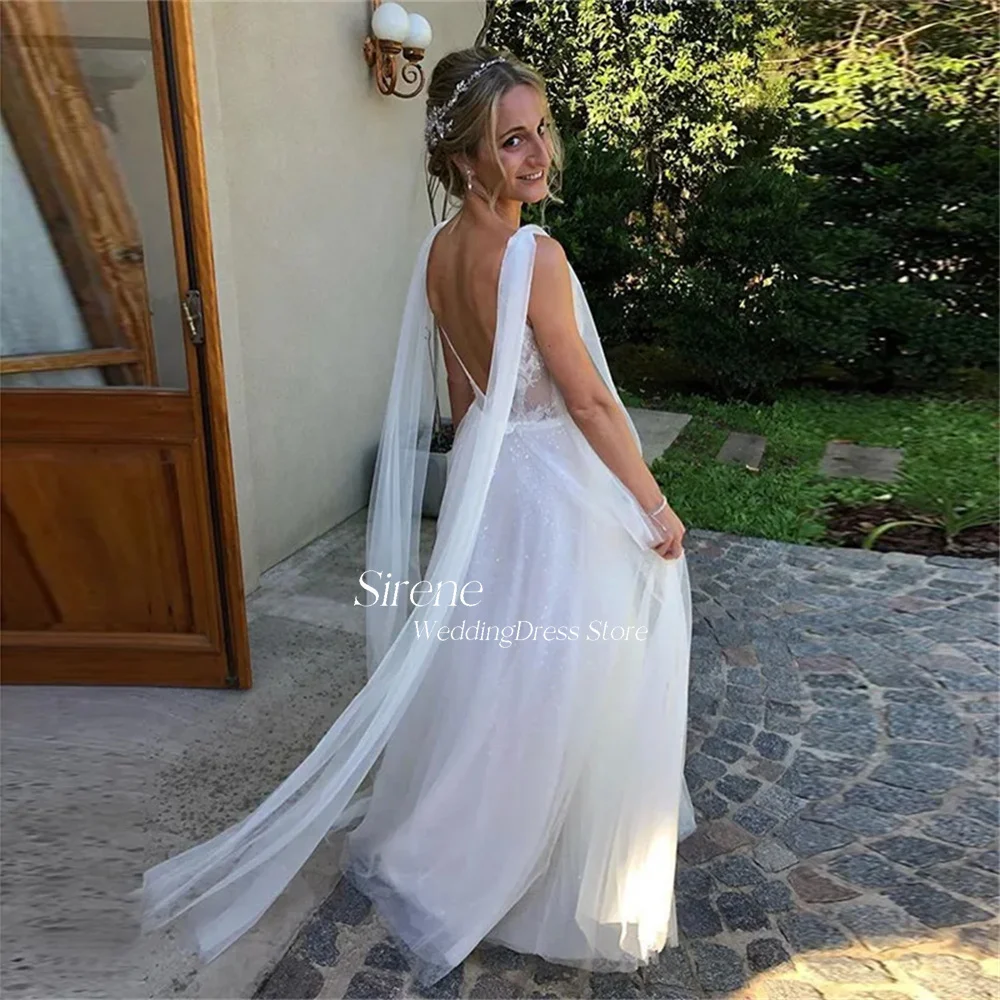 Sirene بسيط بلينغ البريق تول الدانتيل يصل فساتين الزفاف مثير الخامس الرقبة ألف خط عارية الذراعين بلا أكمام زي العرائس vestidos de novia