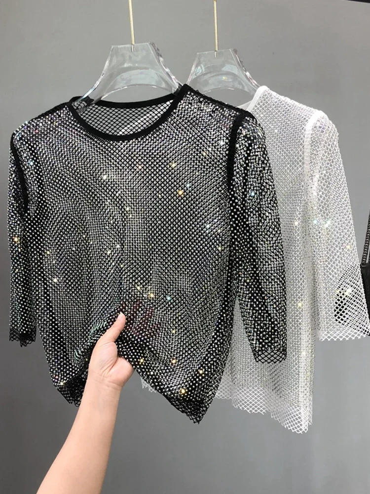 Mesh Diamond Crystal Coat  Diamond Ultra Fairy Inside Take Party Bling Hollow-out Render Unlined Upper Garment and Shiny T Shirt
