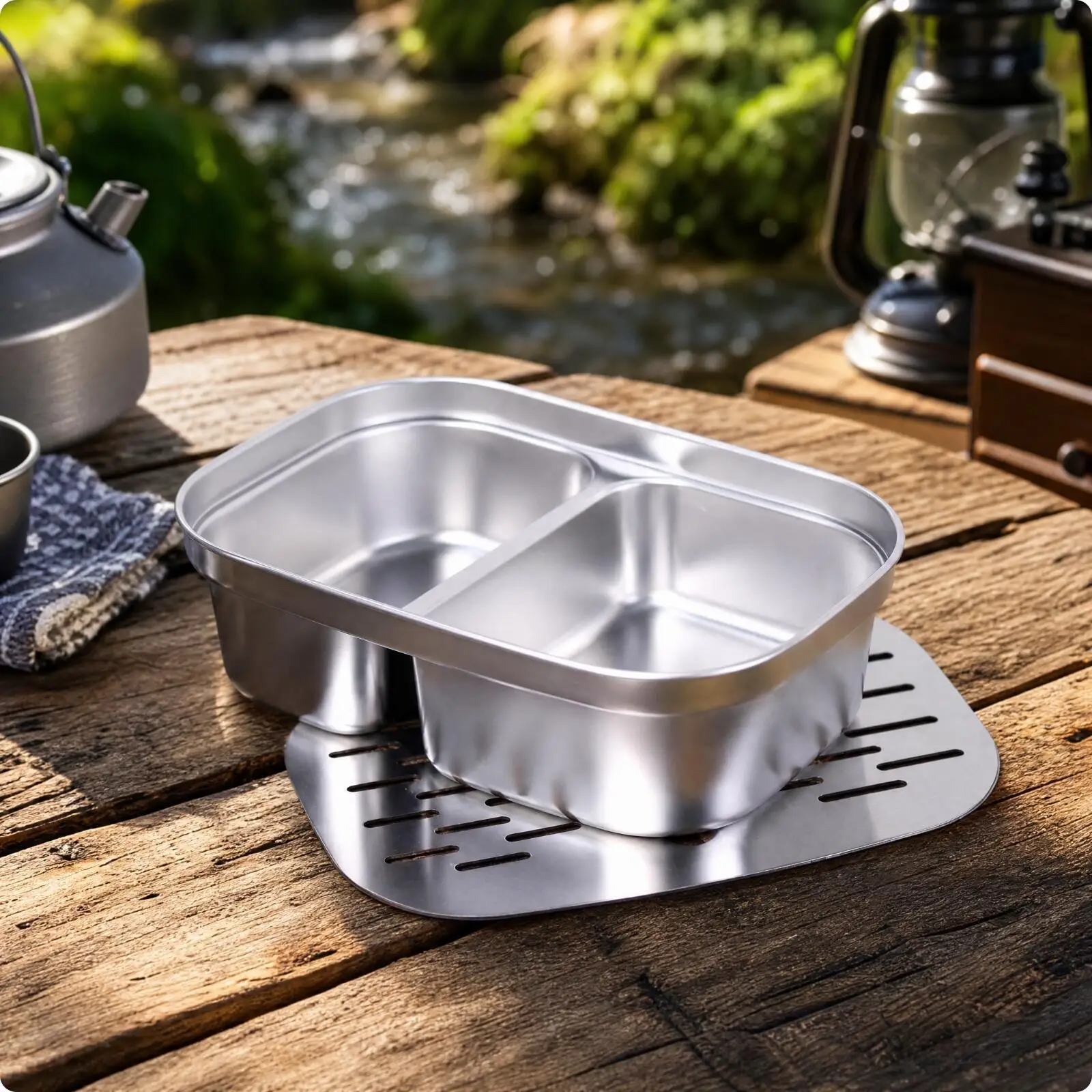 Portable Tea Tray with Drainage Plate Compact Stainless Steel Tea Tray Easy to Clean Rust-Resistant for Travel, Camping