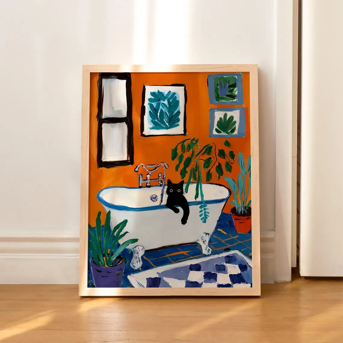 Colorful Black Cat Bathroom Wall Art - Whimsical Print Celebrating Feline Antics. The Bright Orange Backdrop and Lush Greenery C