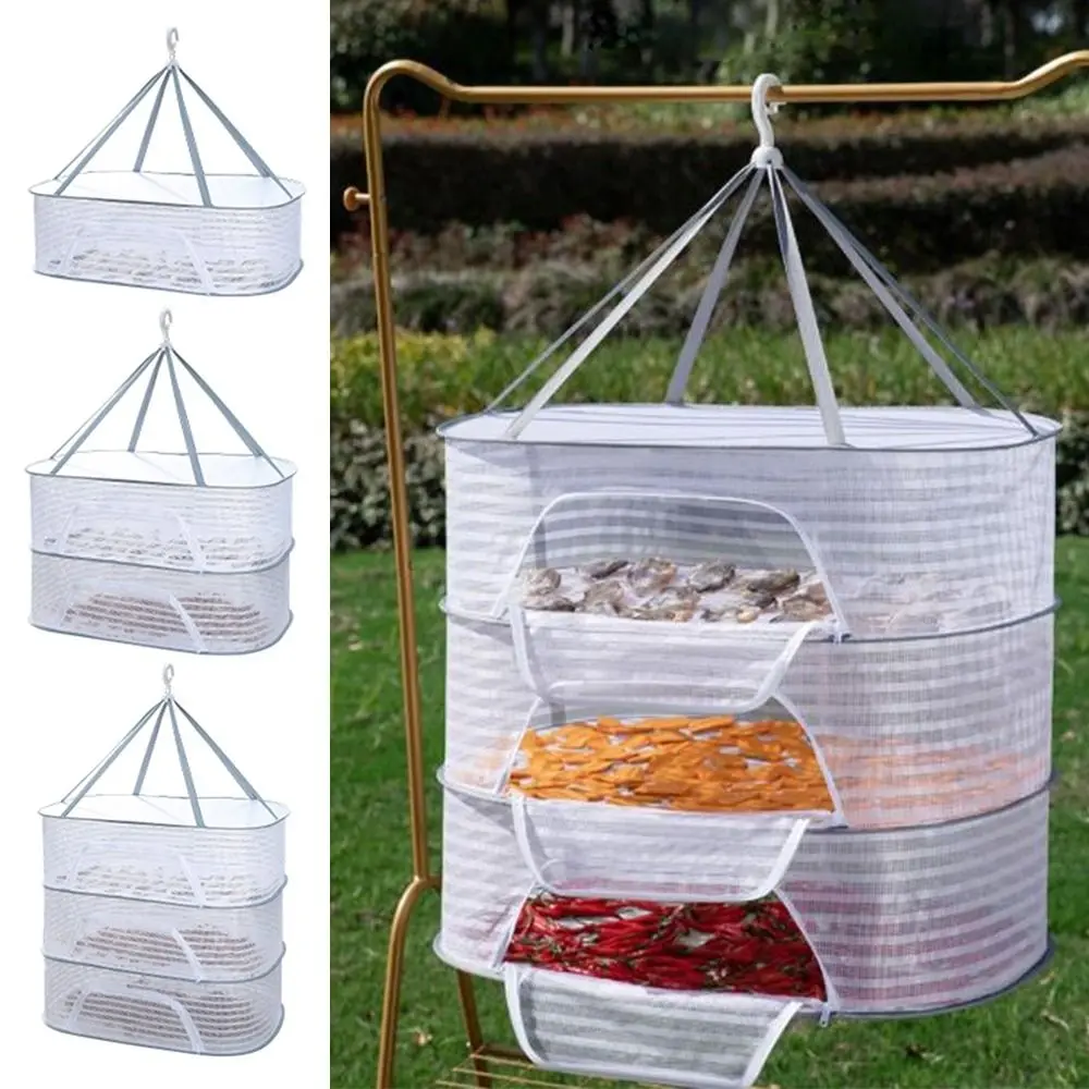 

Storage Drying Net Folding Foldable Hanging Drying Rack 1-3 Layers With Zip Vegetable Dishes Dryer Cage Household