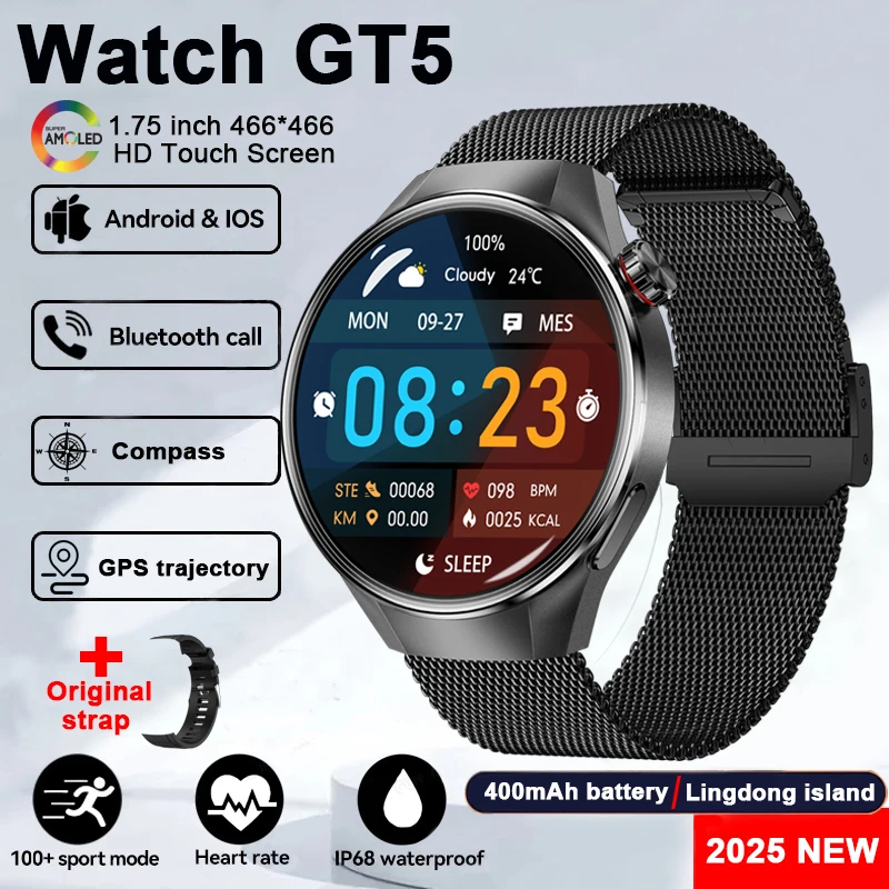 For Huawei Xiaomi GPS Track Smart Watch Men Women 1.75-Inch HD AMOLED Screen Compass Sport Bluetooth Call Smartwatch 2025 New